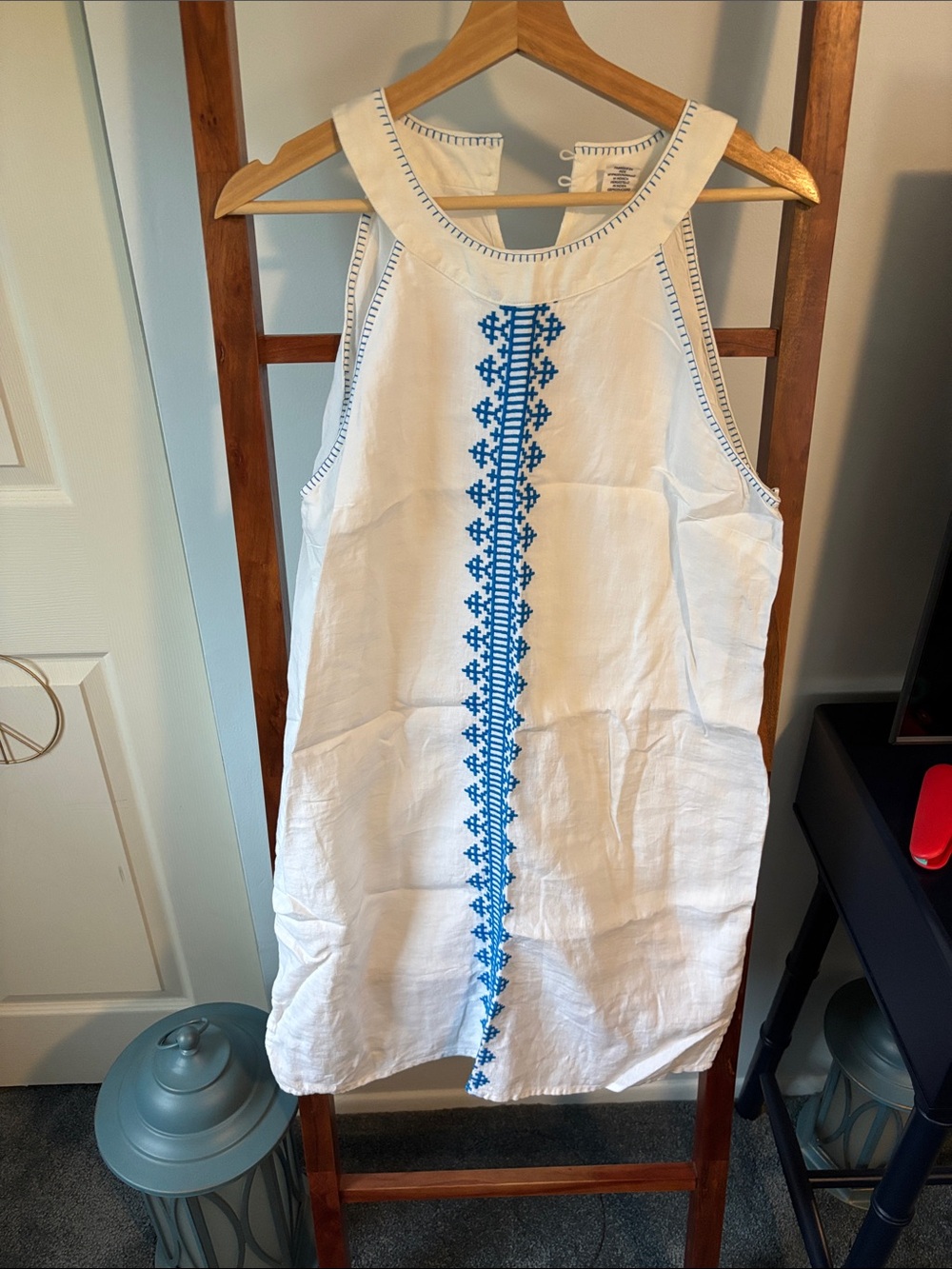 White Linen Shift Dress with Blue Embroidered Center